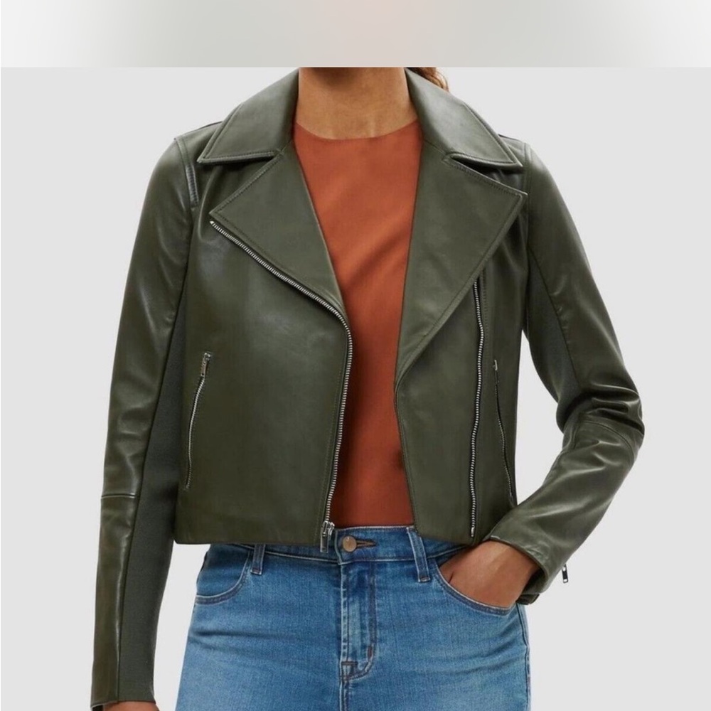 Theory Olive Lambskin Leather Biker Jacket | Cropped Moto | Size S | $700 Retail